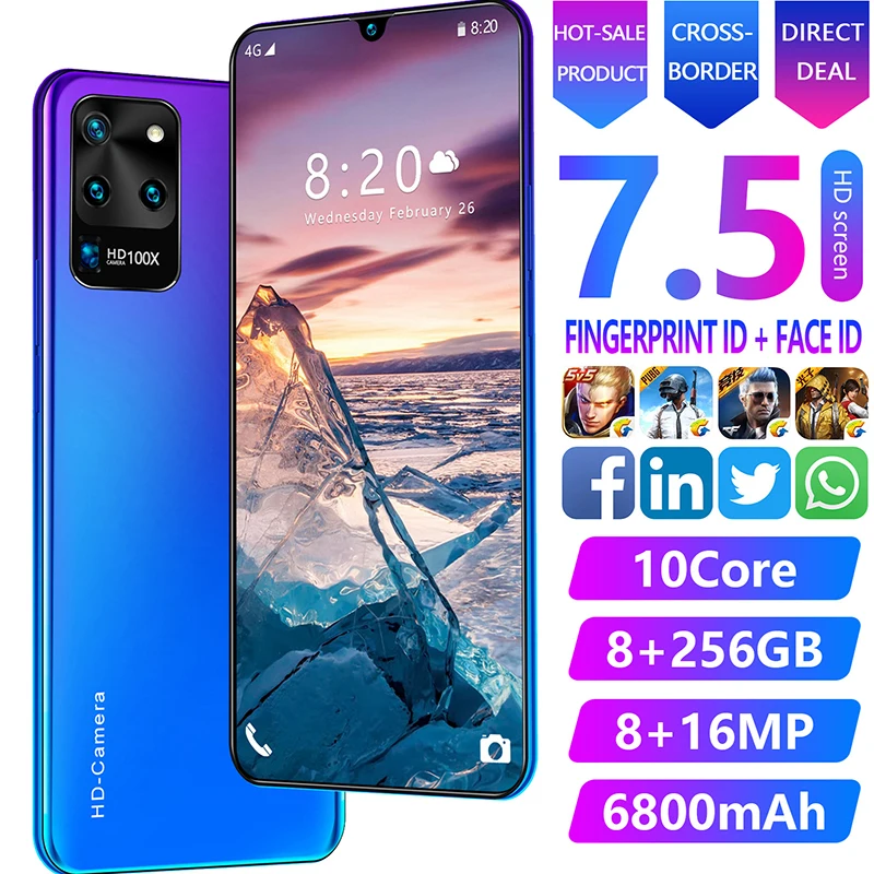 Смартфон Galay S20 7 5 дюйма 8 ГБ ОЗУ 256 Гб ПЗУ Восьмиядерный 4 камеры Snapdragon 855
