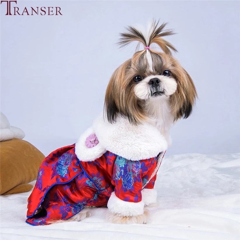 Transer, Ретро стиль, корейский стиль, флис, с отворотом, элегантное платье для собак, Зимняя Теплая Одежда для питомцев, цветочный узор, одежда для собак, вечерние, 9904