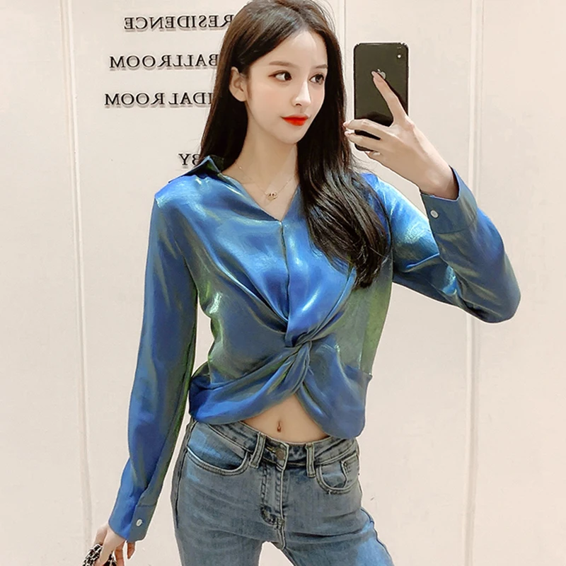 Laser reflective fabric change color long sleeve crop top women 2021 summer korean fashion tie front cropped blouse shirts c44