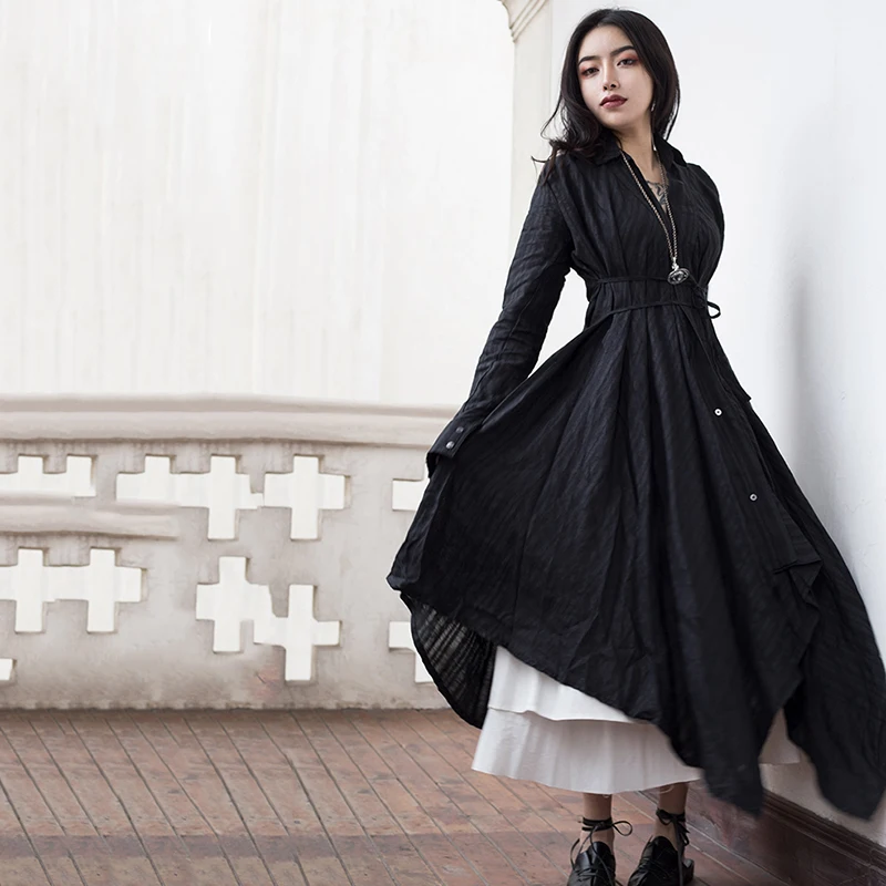 Женское платье рубашка [EAM] черное с отложным воротником и длинным рукавом со