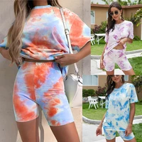 2021 european and american womens fashion leopard print gradient loose casual t shirt tight shorts two piece suit