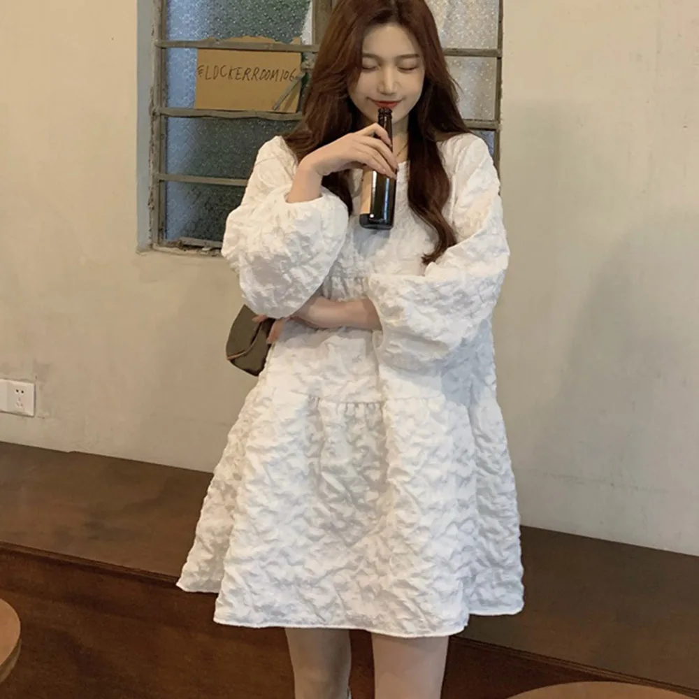 

Casual Style 2021 Spring Summer Women's Dress Fashion Loose Casual Temperament Look Thin Sweet Solid Color Round Neck