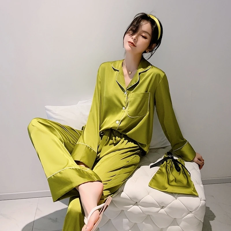

Пижамный комплект женский Шелковый, роскошная пижама с длинным рукавом, одежда для сна, пижама в стиле оверсайз из 2 предметов на пуговицах с...