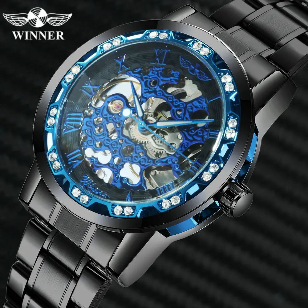 WINNER Классические деловые механические часы для мужчин Скелетон Iced Out мужские