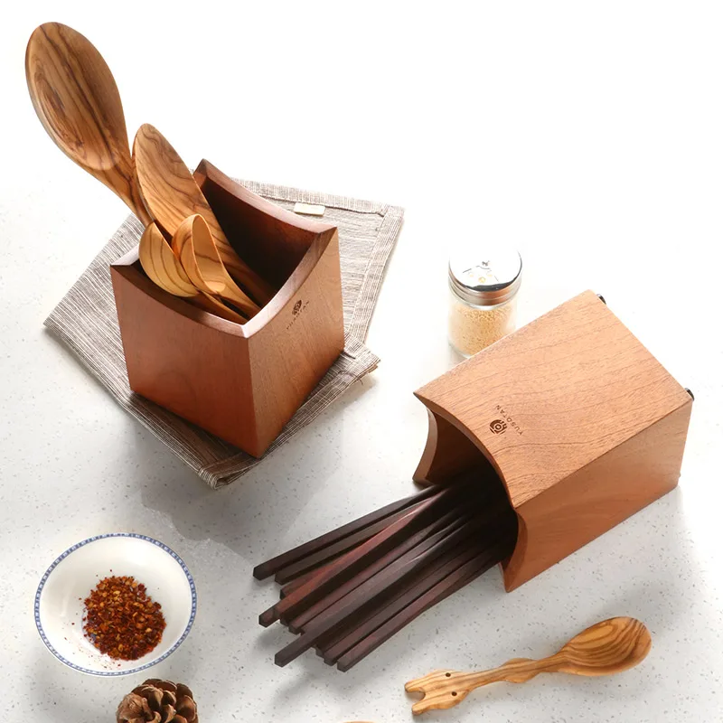 

YUSOTAN chopsticks spoon holder kitchen supplies tableware bucket natural solid wood chopsticks cage drain tableware storage