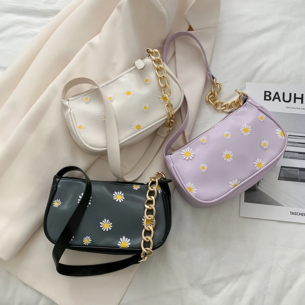

Daisy Flower Print Bag For Women 2021 Soft PU Leather Underarm Bags Thick Chain Totes Female Elegant Small Handbag And Purses