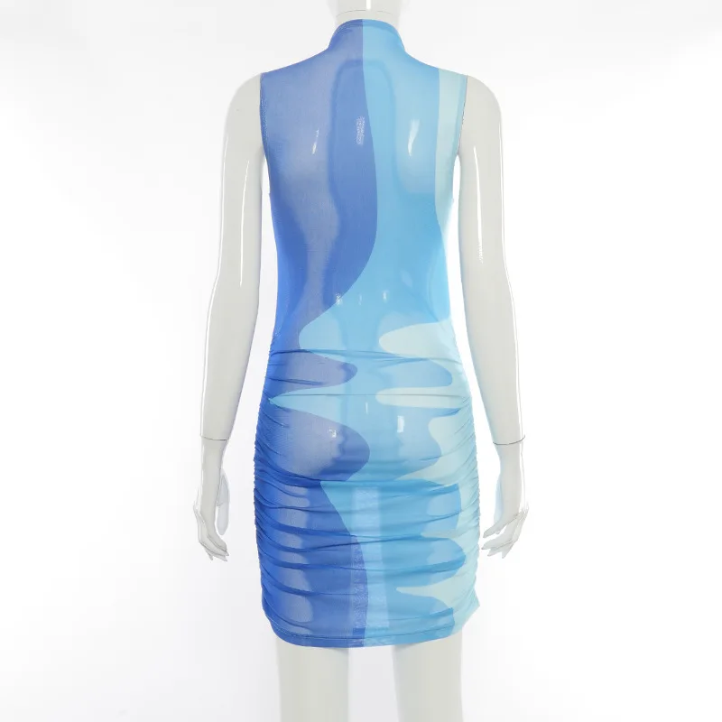 

High Collar Sleeveless Women Sleeveless Mesh Mini Dress Bodycon Sexy Streetwear Elegant Summer Club Bandage Dresses