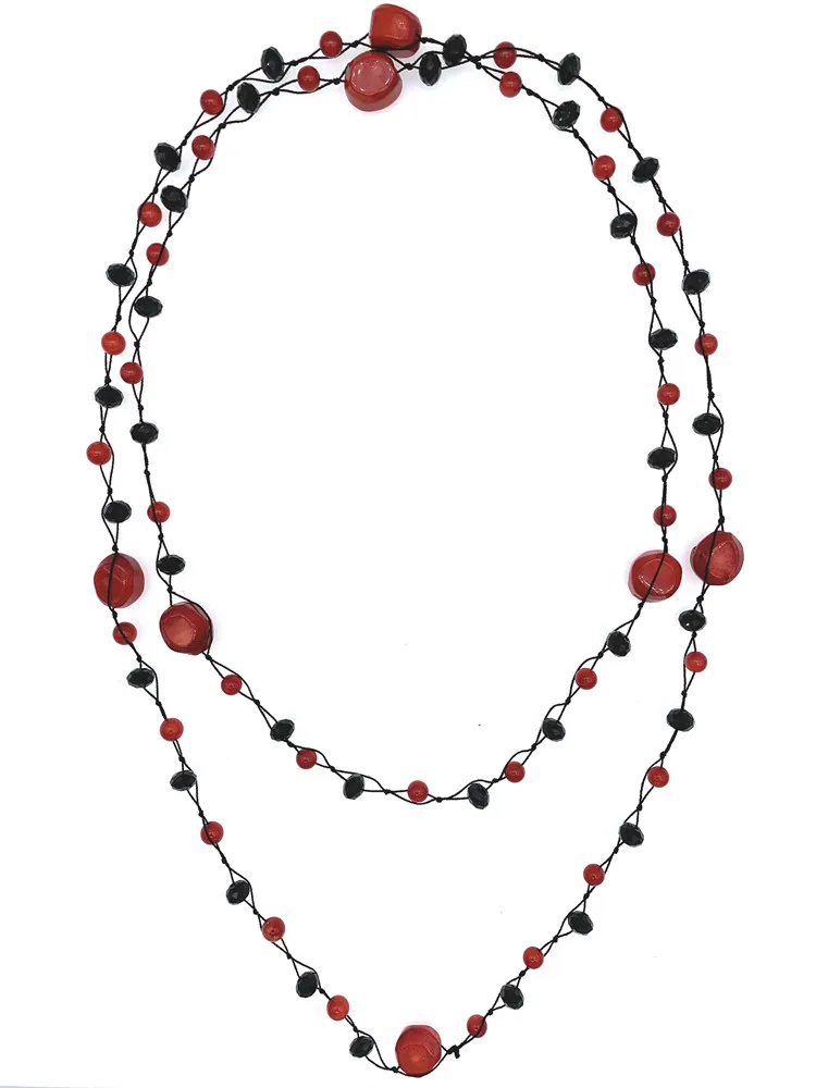 

FoLisaUnique Irregular Red Coral Necklace With 6mm Coral Black Crystals Knotted Long Trendy Jewelry For Women Girl Gift 50 Inch