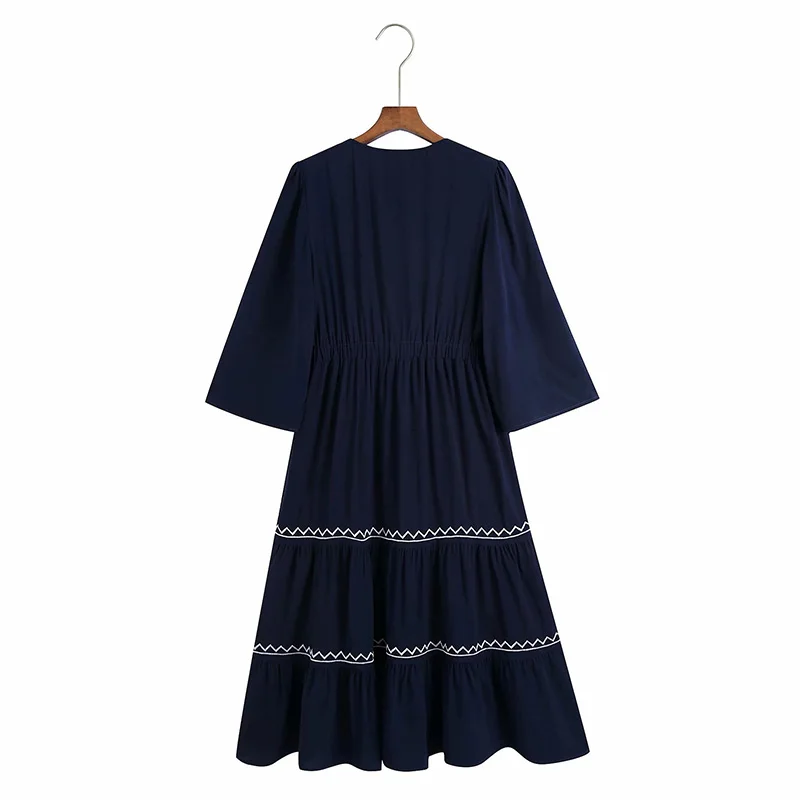 

2021 Ladies New Summer NavyBlue Elegant Ethnic Embroidery Dress Women's Oversize O Neck Short Sleeve Long Dresses For All Match