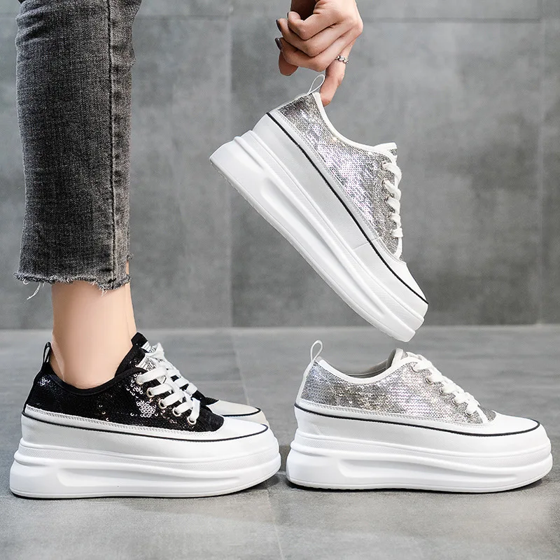 

Туфли женские на платформе, тонкие дышащие, универсальные, с блестками, на толстой подошве, увеличивают рост, белые