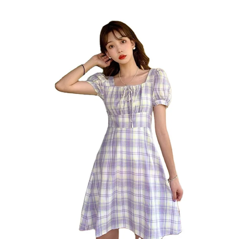 

Summer 2021 new bow tie square collar plaid bubble sleeve dress