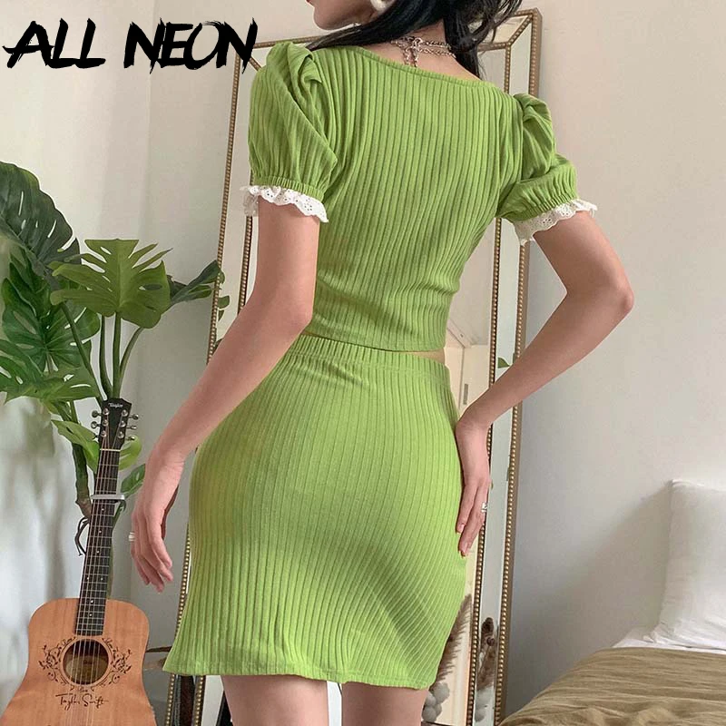 ALLNeon E-girl Милые ребристые квадратный воротник пышные рукава с кружевом Короткие