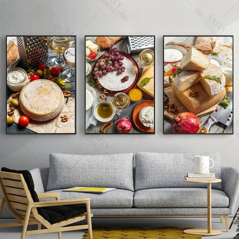 

Cheese On Wooden Table Canvas Painting Wine Dining Poster Prints Wall Art Room Home Decor Picture for Living Room Kitchen Decor