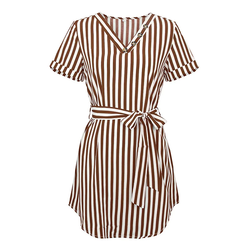 

Dresses 2020 Spring and Summer New Products Women's Dress Hot Selling Stripes V-neck Button Waist Hugging Dress Vestidos
