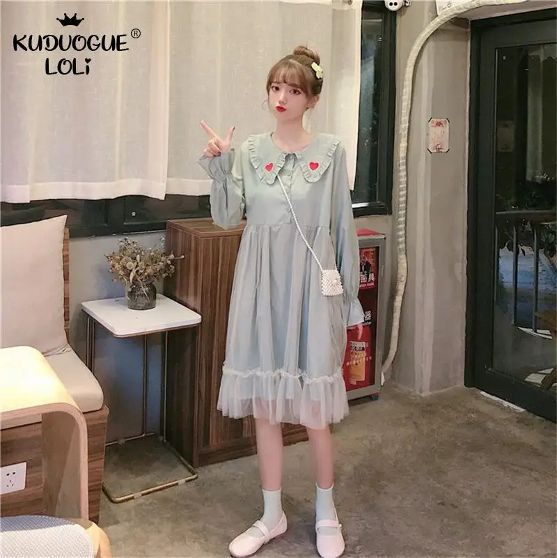 Японское милое белое платье для куклы с воротником длинным рукавом вышивкой в