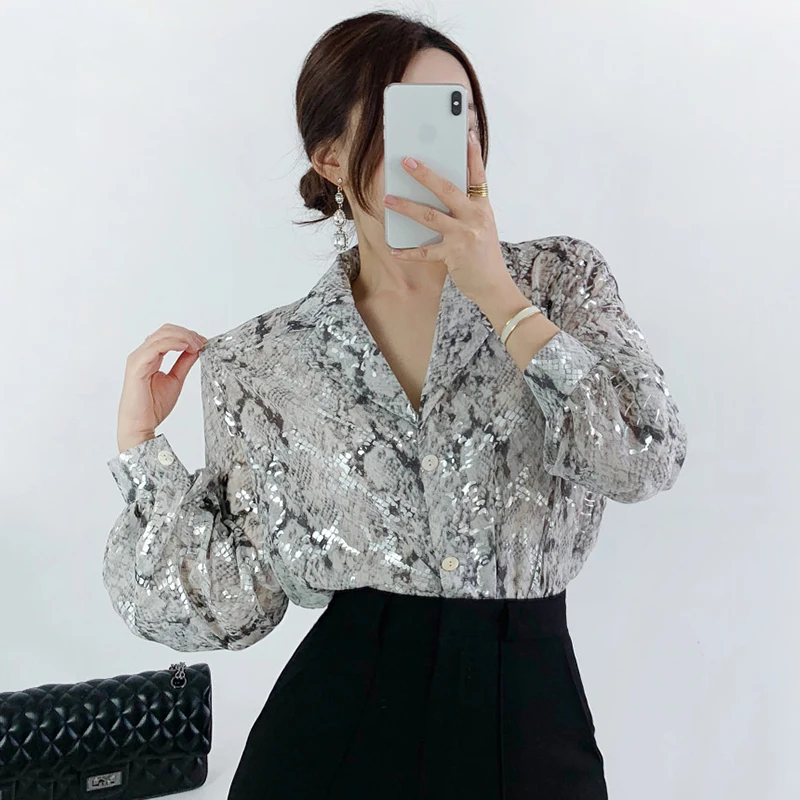 Женская блузка с блестками Getspring винтажная со змеиным узором и длинными рукавами