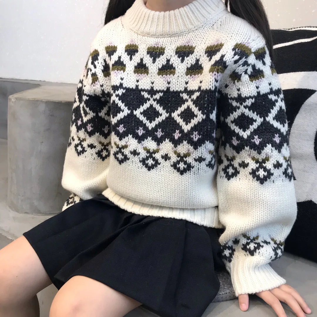 

2021 Pre-sale October 7th Girls Sweater Knitted Pullover 50% Woollen Geometric Pattern Boys Girls Warm Sweaters