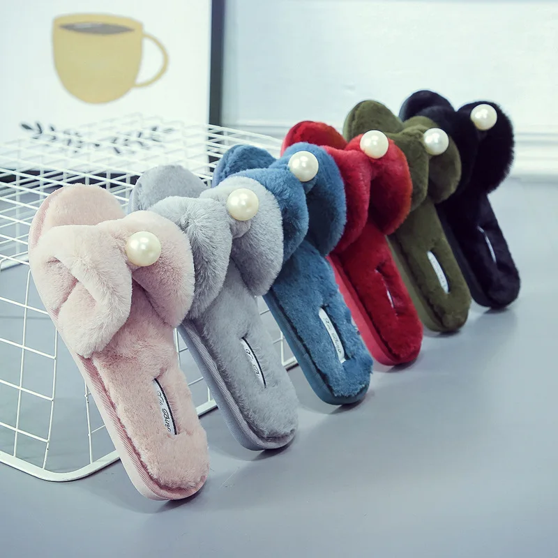 Лиам Симпатичные плюшевые тапочки женские искусственный мех жемчуг мягкая