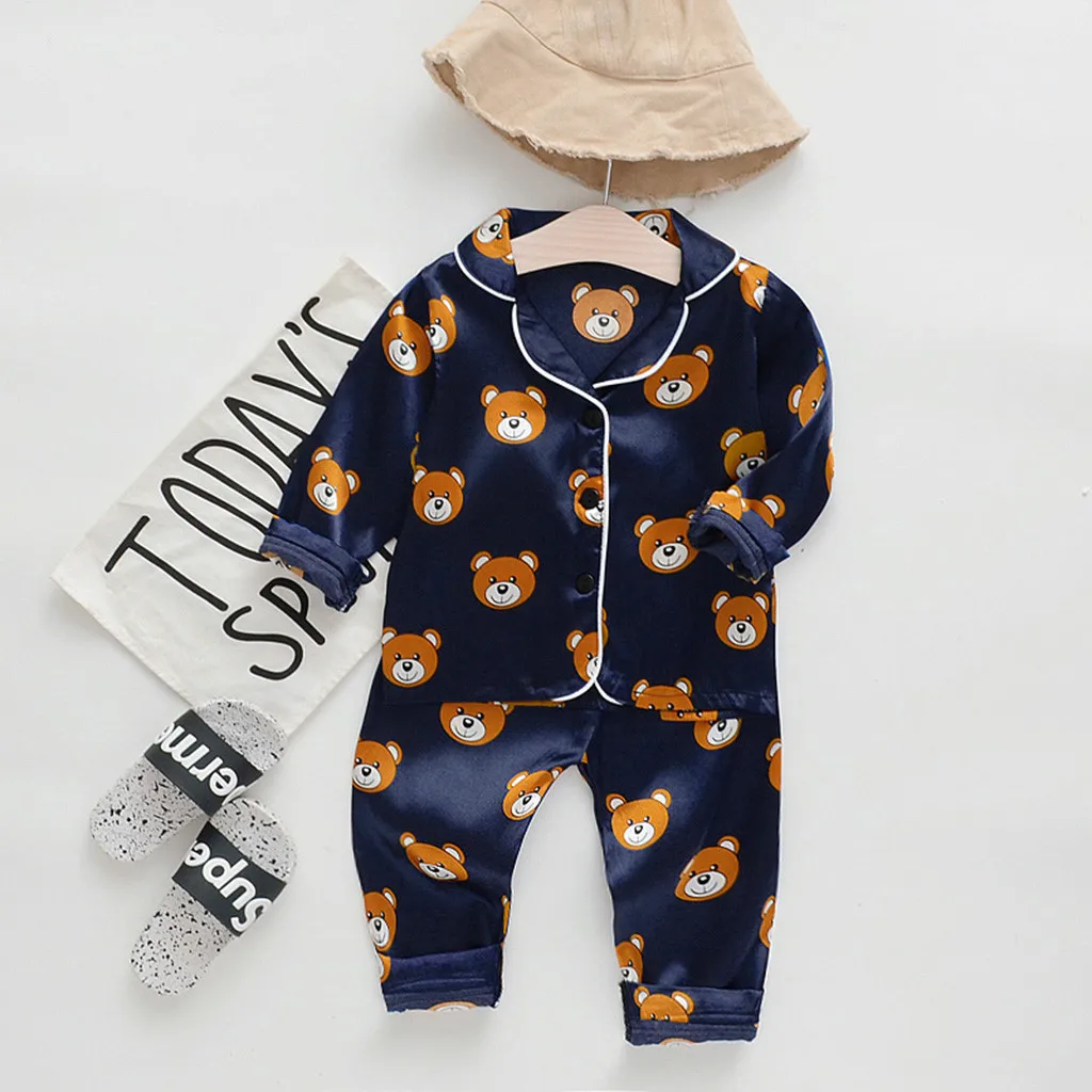 2021 Autumn Winter Fashion Kids Baby Boy Girls Long Sleeve Cartoon Bear Tops+Pants Outfits Pajamas Sleepwear Set Drop Shipping | Детская