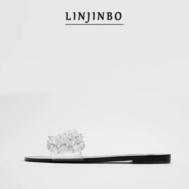 Сандалии женские прозрачные на плоской подошве дизайнерские шлепанцы с бусинами