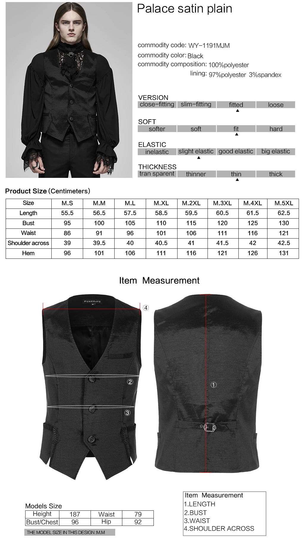

PUNK RAVE Men's Palace Satin Plain Vest Punk Style Applique Decoration Fashion Retro Evening Dinner Sleeveless Waistcoat