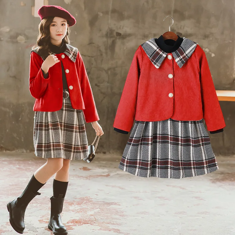 

Lovely Lattice Spring Autumn Teens Children Clothes Baby Girls Suit Coat+ Dress Kids Toddler Outwear High Quality
