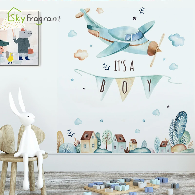 

Cartoon water color airplane fairy tale town wall sticker kids room decoration living room background wall decor self-adsived