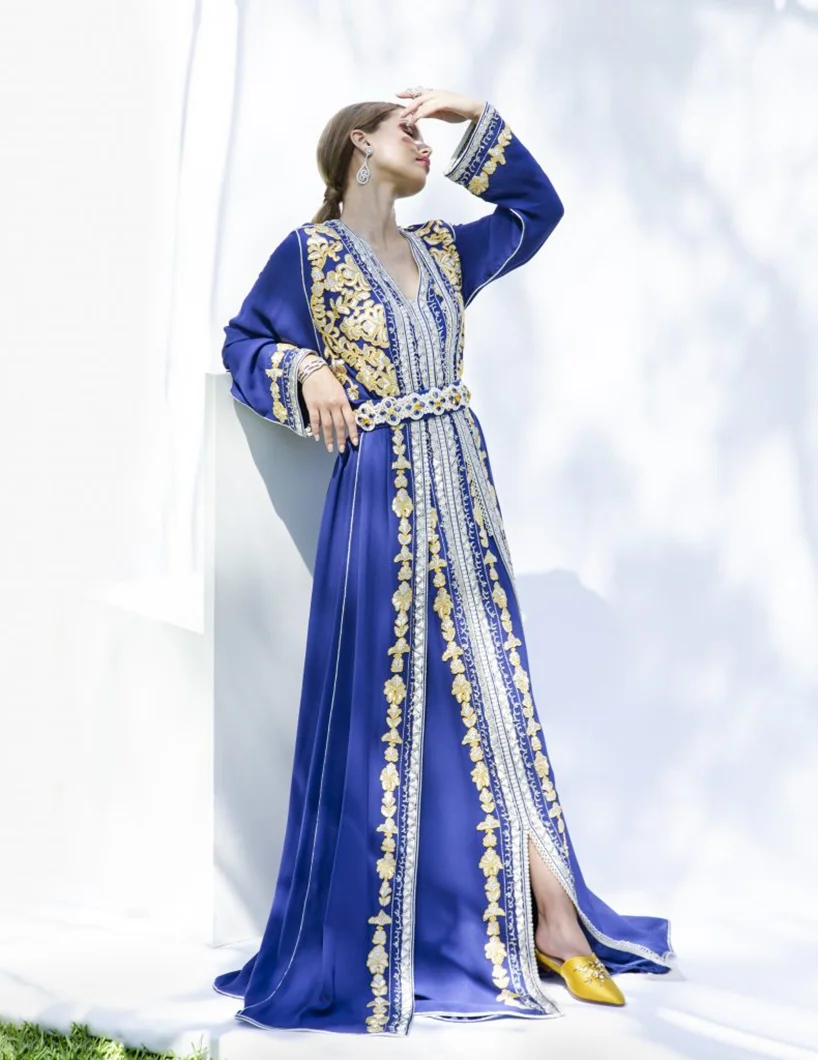 

Moroccan Caftan Evening Dresses Long Sleeve Luxury Appliques Muslim Wedding Party Dress Dubai Abaya Formal Gowns EV165