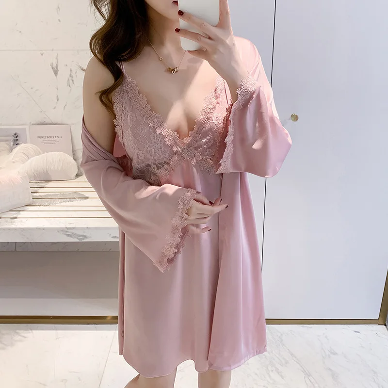 

Summer Sexy Embroidery Lace Trim Applique Satin Women Sleepwear Robe Nightdress 2PCS Lady Brides Bridesmaid Wedding Robe Gown