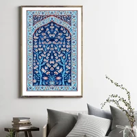 blue turkish tile tree of life watercolor painting prints traditional floral wall art picture canvas poster home wall decor