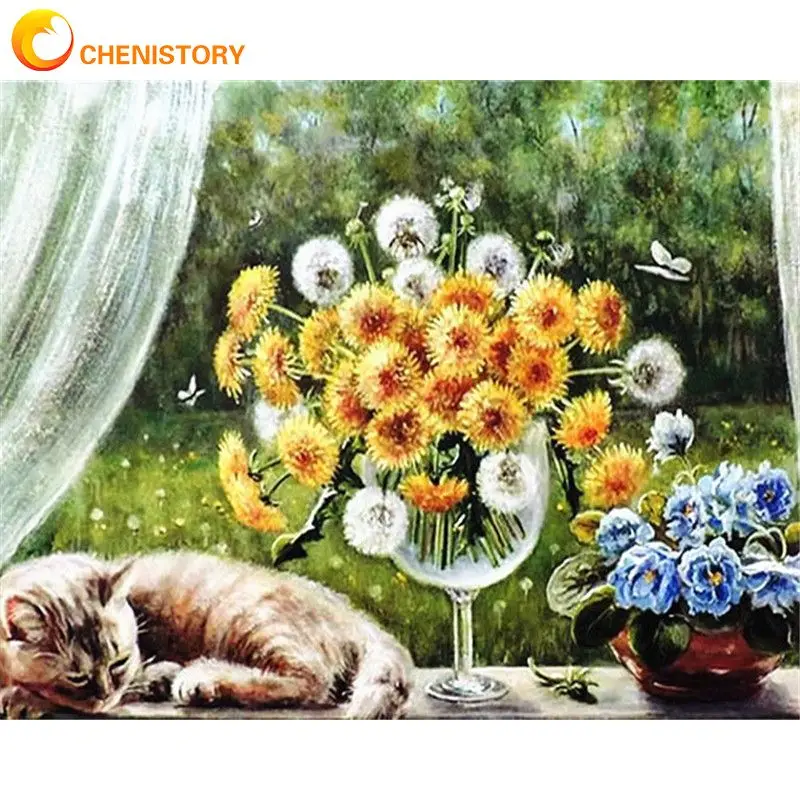 

CHENISTORY Picture By Number For Adults With Frame Paint By Numbers Cat Flowers Acrylic Paint On Canvas Home Decors Wall Art