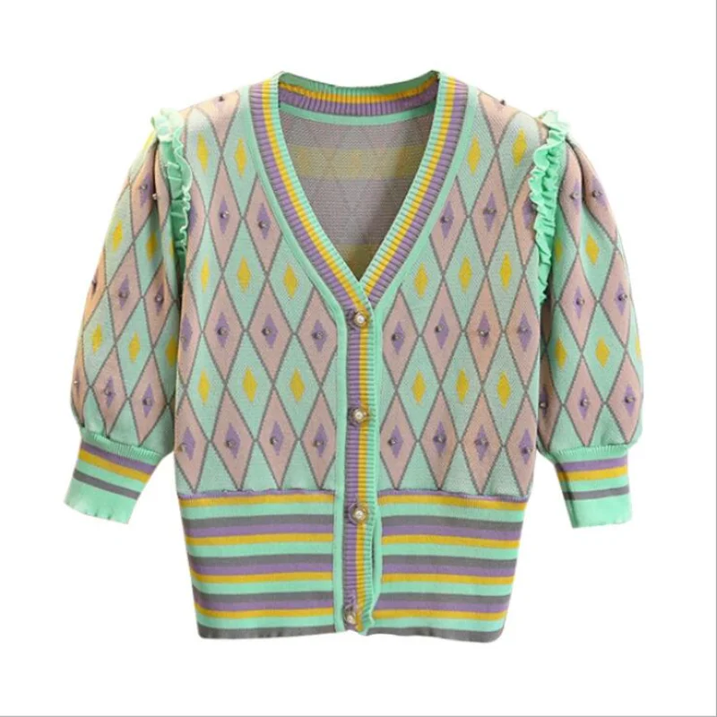 

Женский трикотажный клетчатый свитер, однобортный свитер в клетку с V-образным вырезом и коротким рукавом, с геометрическим узором, модель ...