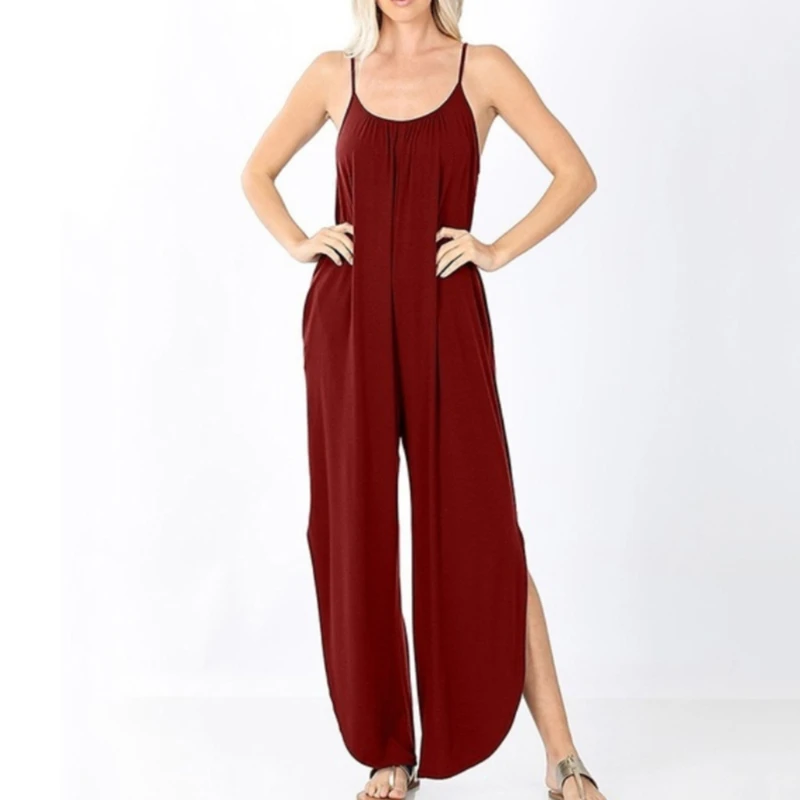 

2020 Women O-neck Sling Jumpsuit Fashion Solid Color Loose Women's Solid Color Elegant Split Jumpsuit Trousers