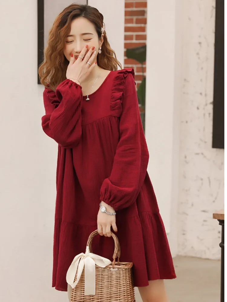 

Clothes For Pregnant Women Spring And Autumn Retro Sweet Loose Wood Ear Cake Skirt Large Size Long-Sleeved Pregnant Women Dress
