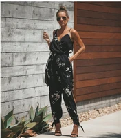 2021 summer autumn sexy open back sashes deep v neck sling cotton long jumpsuits women print floral high waist plus size rompers