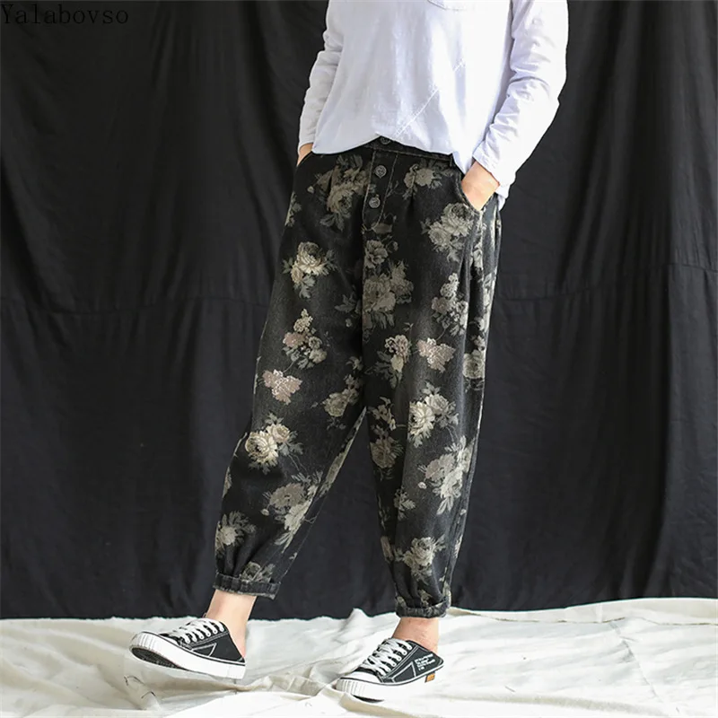 Осенние новые винтажные джинсы в стиле ретро с цветочным принтом свободные