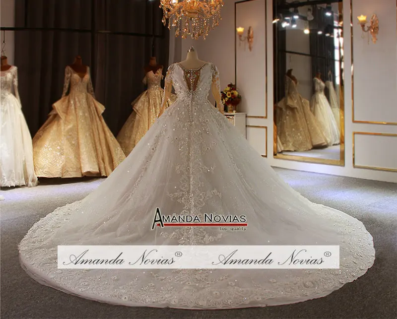 Heavy beading ball gown wedding dress custom order sizes with long sleeves bridal dress