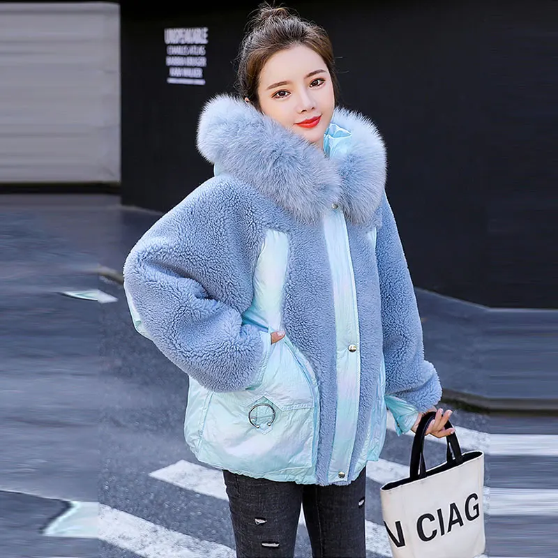 blue Корейское стеганое зимнее пальто из овечьей шерсти для женщин с капюшоном большой меховой воротник яркая куртка женская большой размер модная теплая куртка 2 - Цвет: blue