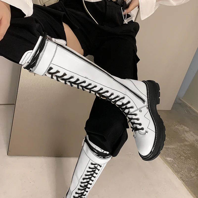 

Fashion Platform Lacing Knee High Boots Women Square High Heel Motorcycle boots Woman Pu Leather Shoes Autumn Winter Ladies Shoe