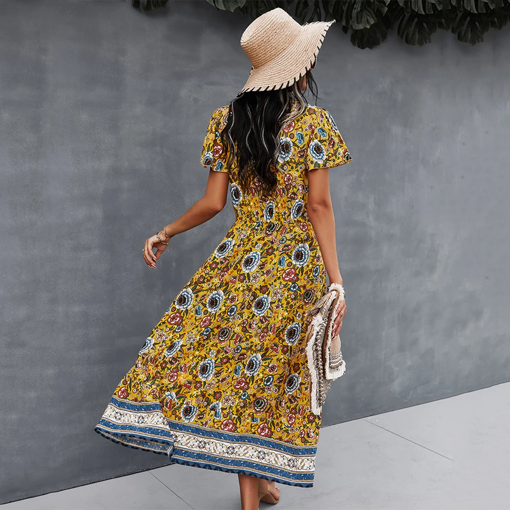 

Women's Long Dress Short Sleeve Floral High Waist V-Neck Flowy Spliting Dress for Party Beach Summer ENDQ