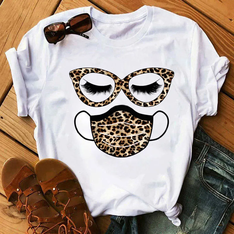 

New Fashion Women T Shirt Leopard Face Mask Eyelash Print Tee Shirt Female Short Sleeve Tops Tee Harajuku T-shirts 90s Girls Tee