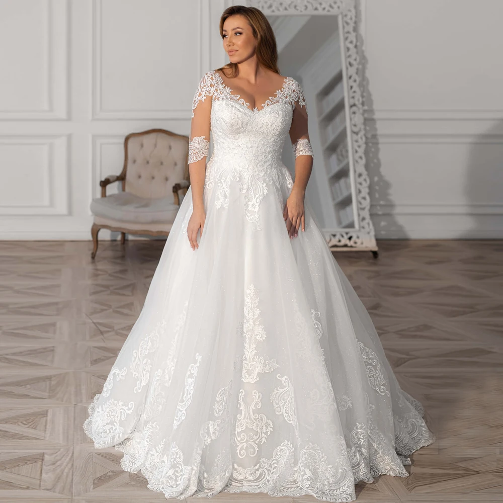 

ADLN Modest Plus Size Wedding Gown Custom Made V-neck Half Sleeves Sweep Train Ball Gown Bridal Gown 2020