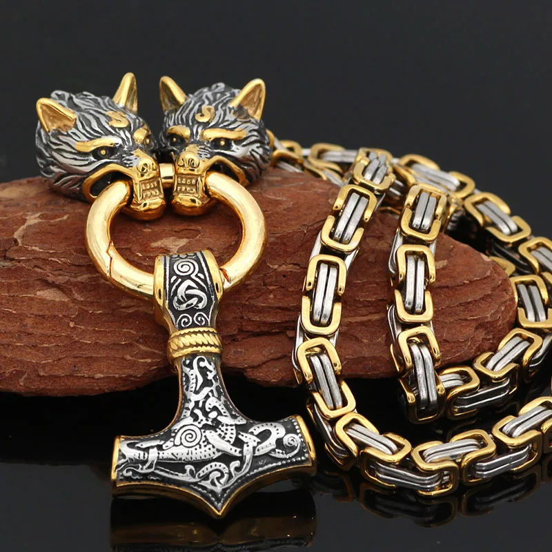 

Nordic culture wolf head two-color square buckle chain Thor's hammer color matching domineering men's stainless steel necklace