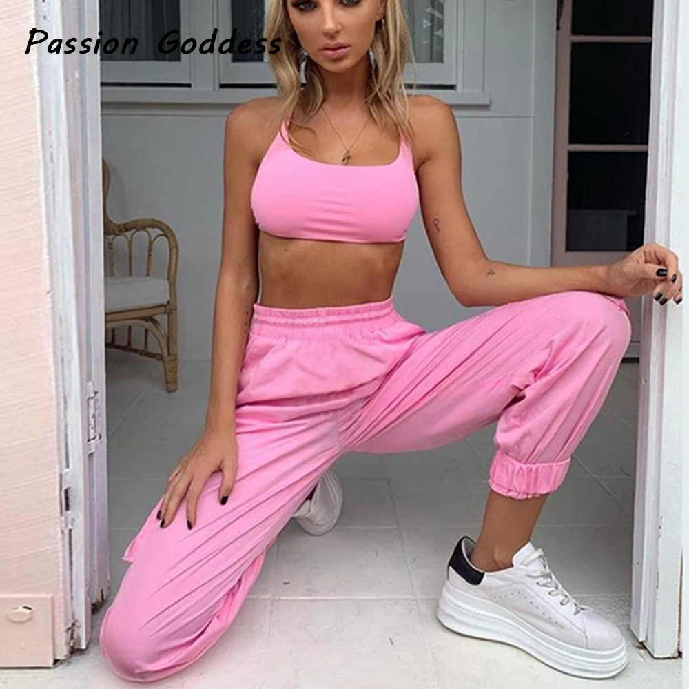 

Женский спортивный костюм, комплект из 2 предметов, наборы розового цвета, повседневные облегающие укороченные топы, Мешковатые Свободные с...