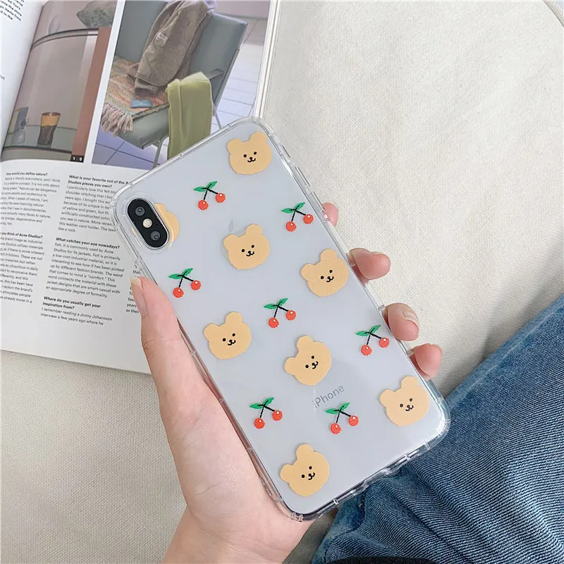 Прозрачный чехол с красными вишнями для iphone 7 8 x xr xs милый медведь кролик