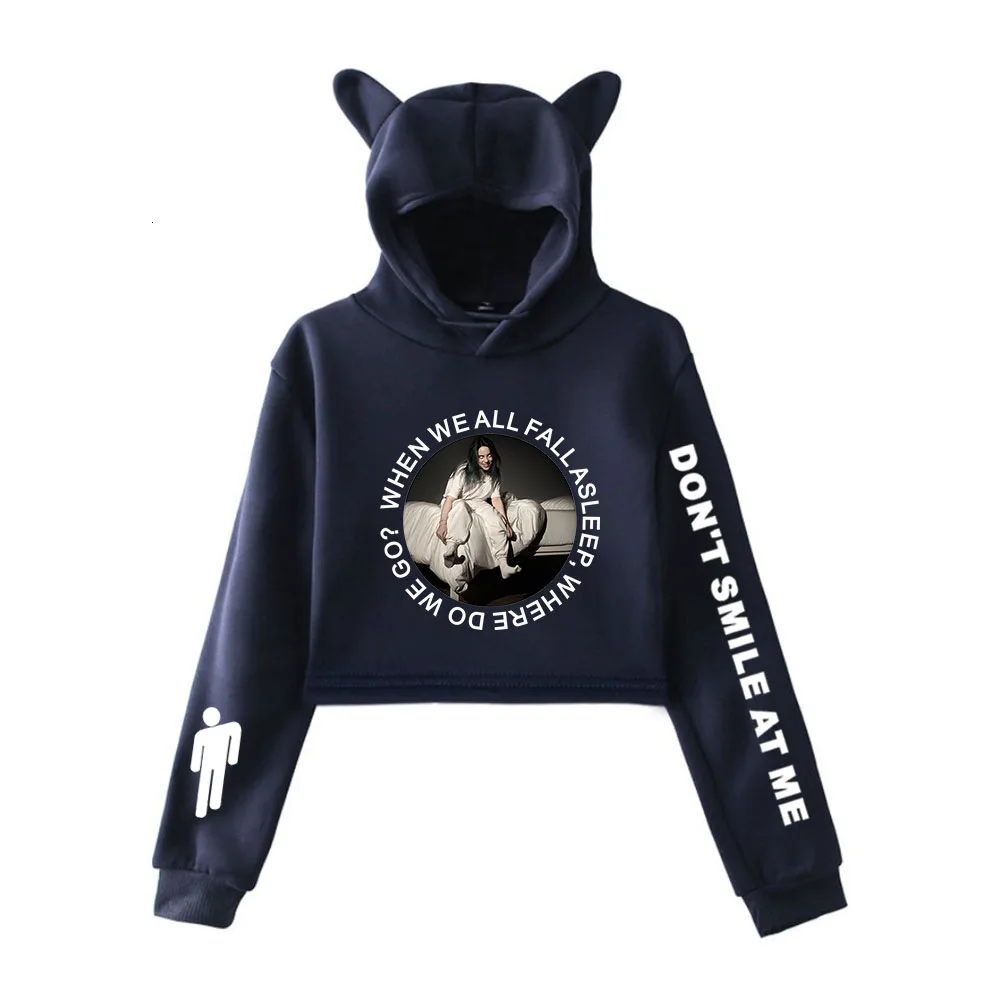Billie Eilish модные кошачьими ушками шапка укороченный топ Для женщин летние толстовки с капюшоном пикантная обувь Harajuku над Размеры d Толстовка размера плюс
