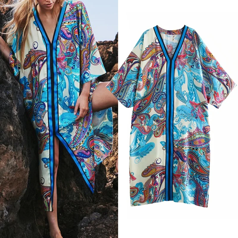 

Za Dress 2021 Vintage Blue Print Casual Midi Dress Summer Short Sleeve Loose Slit Kaftan Dress Fashion Chic Women's Dresses