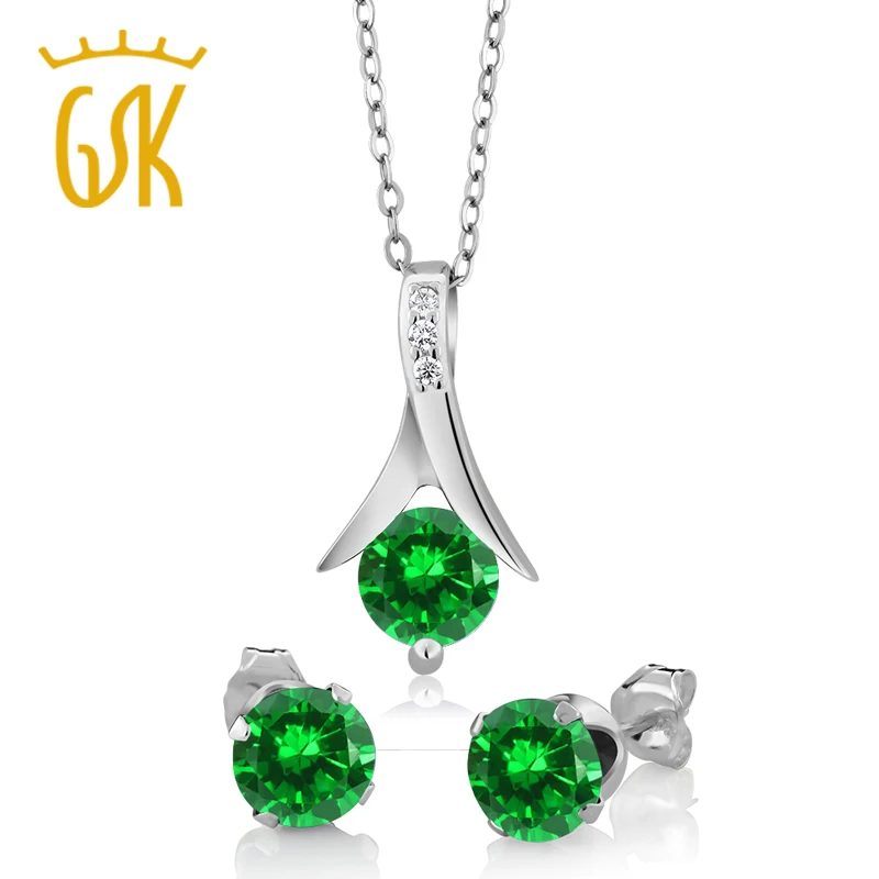 GemStoneKing 925 пробы серебряные женские ювелирные изделия набор нано изумруд кулон серьги набор(2,40 cttw, с 18 дюймы, серебряная цепочка
