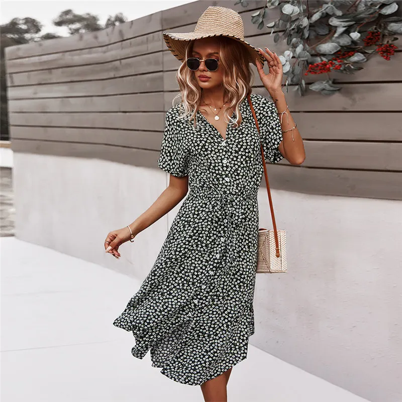 

2021 Spring New Bandage Dress Women Casual Short Sleeve Button Floral Print Dress For Woman Summer Holiday Style Dress