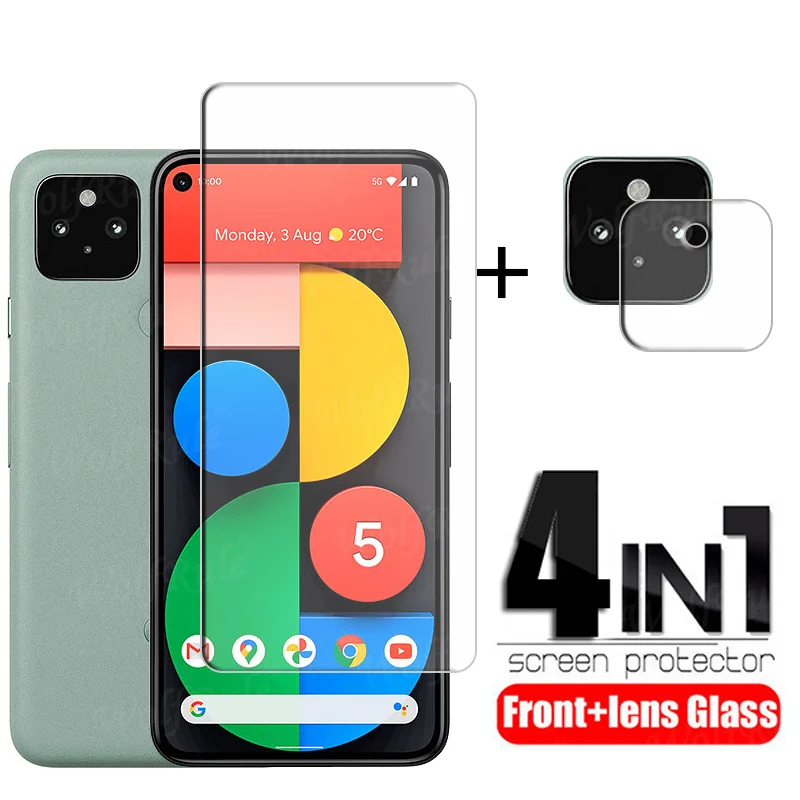 Cristal 4 en 1 para Google Pixel 5, Protector de pantalla para lente de c&aacute;mara de cristal HD, pel&iacute;cula de tel&eacute;fono, vidrio templado para Google Pixel 5-0